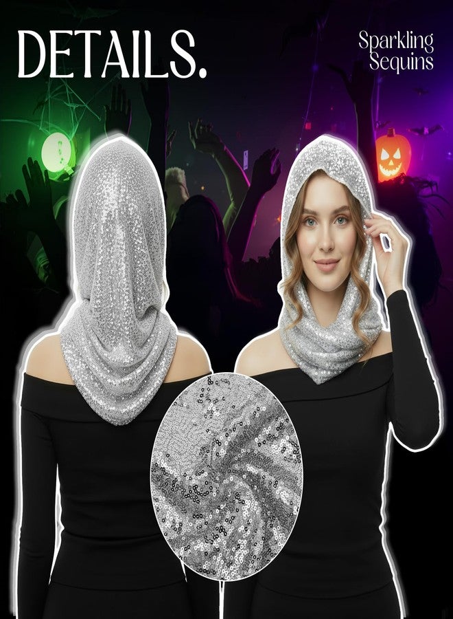 Simlakey Sequin Rave Hood Rave Scarf Outfit Accessories for Women Glitter Hooded Head Scarf for Halloween Concert Costume(Silver) - Image 4